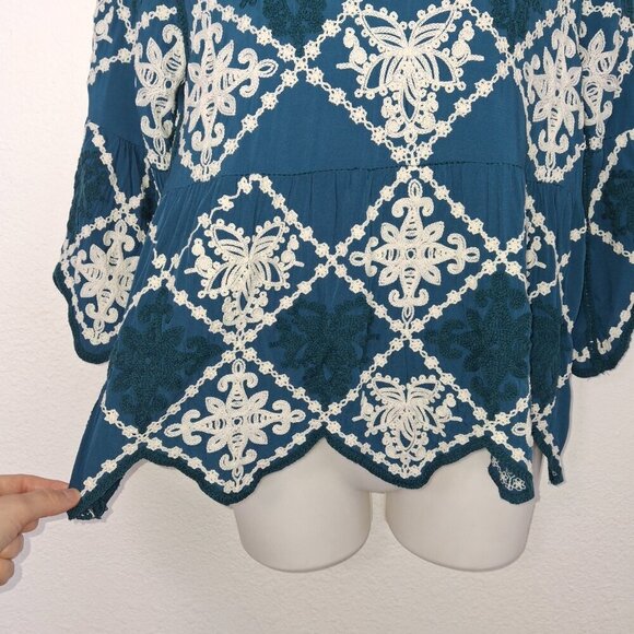 Anthropologie Kindred Babydoll Blouse Sz S Crochet Embroidered Boho Artsy Hippie - Picture 5 of 15